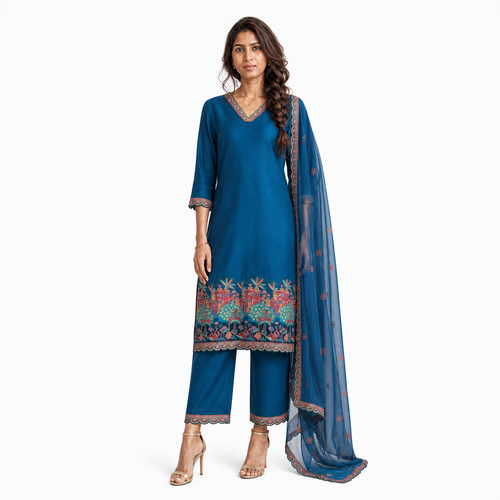 AVEEHA Women's Applique Digital Print Kurta Set with Dupatta, Blue - front view