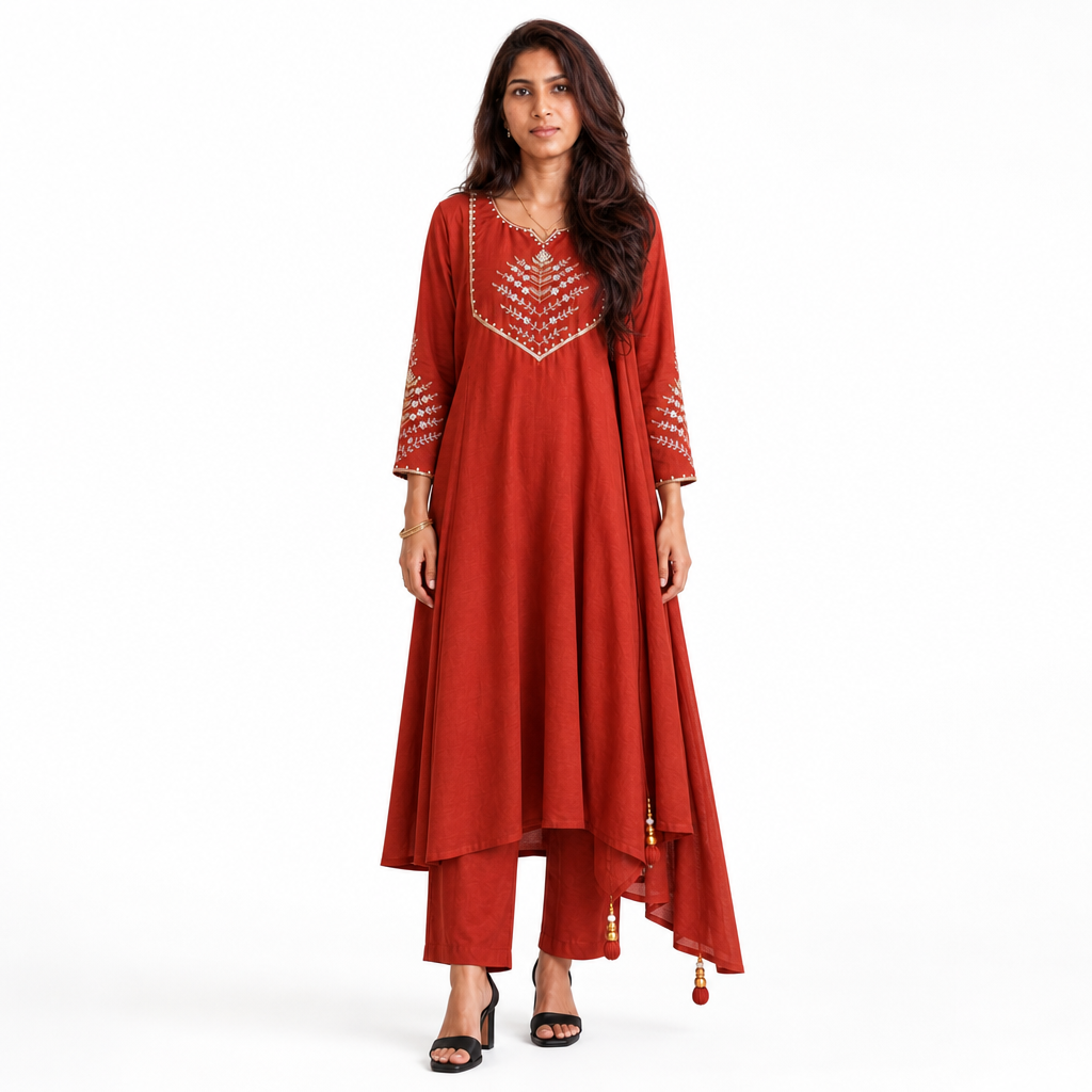 AVEEHA Women's Mul Chanderi Kurta Pant Set with Dupatta, Rust - front view