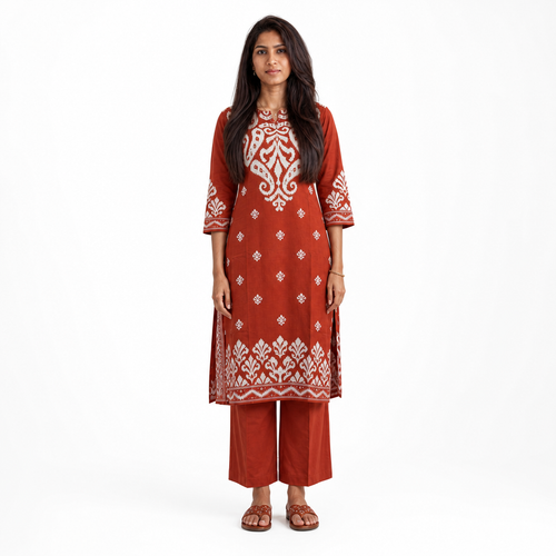 AVEEHA Women's Cambric Cotton Printed Kurta Set with Dupatta, Rust - front view